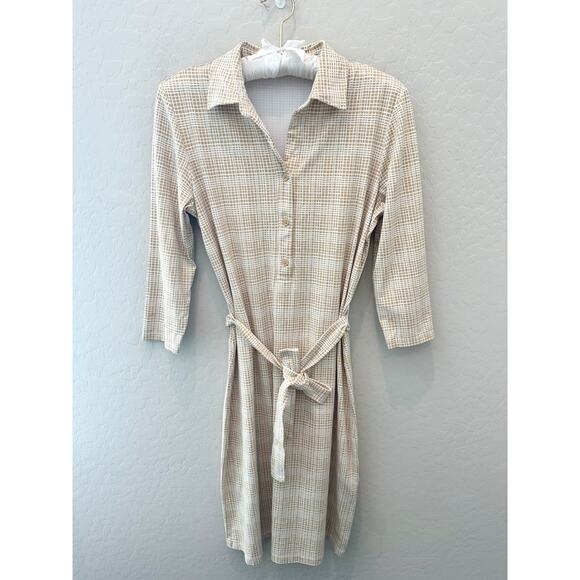 J.MCLAUGHLIN | Beige Grid Print Catalina Cloth Shirt Dress Belted | Size Small - Picture 1 of 7